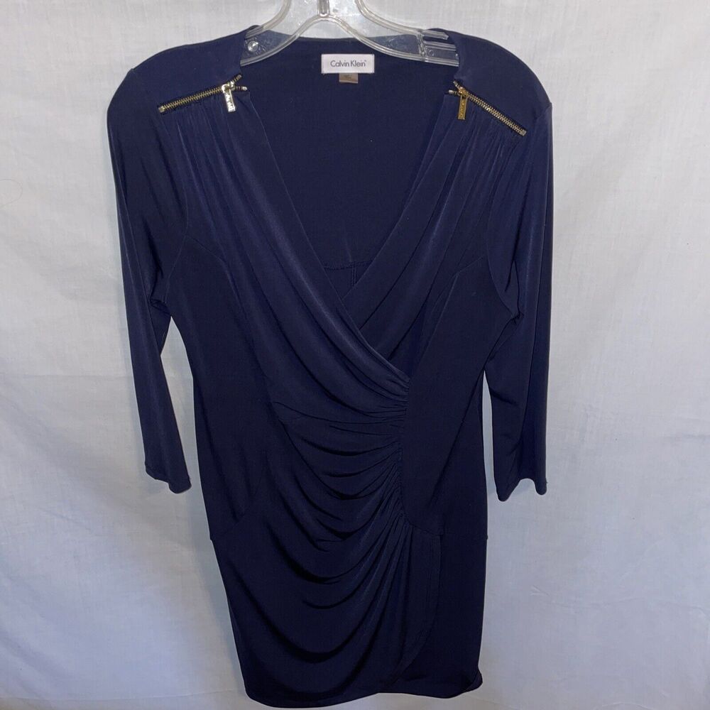 Calvin Klein Ruffled Dress Women’s Size 12 Dark Navy Polyester Blend 3/4 Sleeve